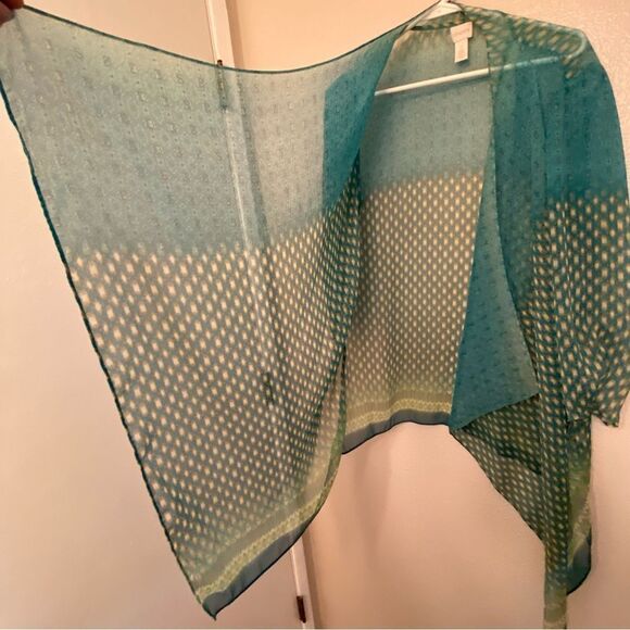 Chico's Blue Teal Green Sheer Open fairy Kimono Coverup cardigan top 2 L 12 - Picture 4 of 10